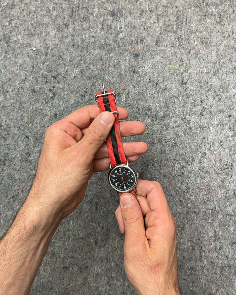 Timex Weekender Watch with Red and Black Striped Band, Needs New Battery