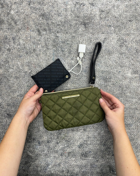 Steve Madden Quilted Charging Wristlet in Olive Green
