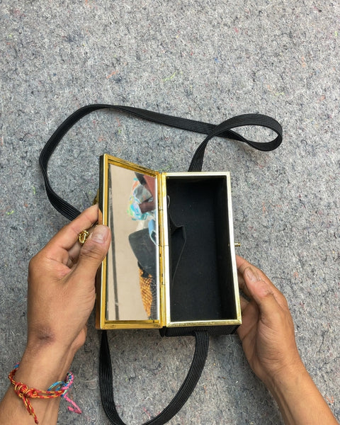 Lanvin-esque Box Clutch with Gold Panther Handle & Mirror