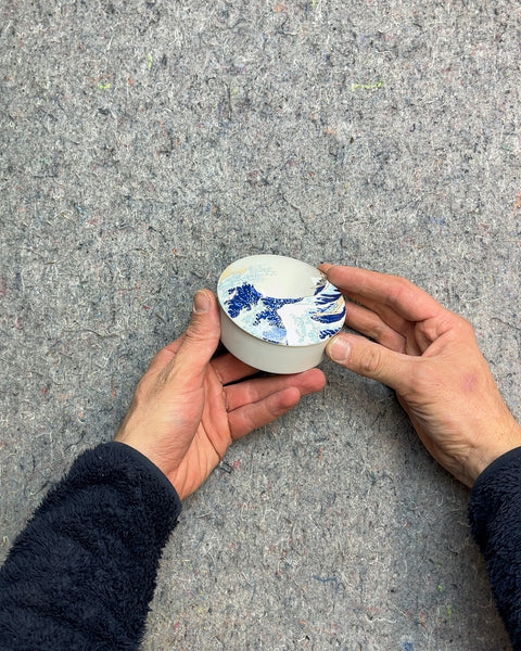 Small Round Ceramic Box with Blue Wave Pattern Lid