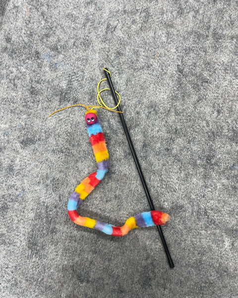 Rainbow Fuzzy Worm Cat Teaser Wand Toy