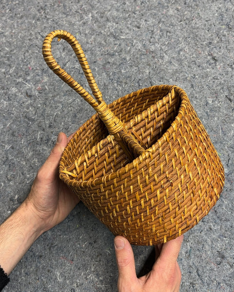 Woven Rattan Divided Caddy with Handle