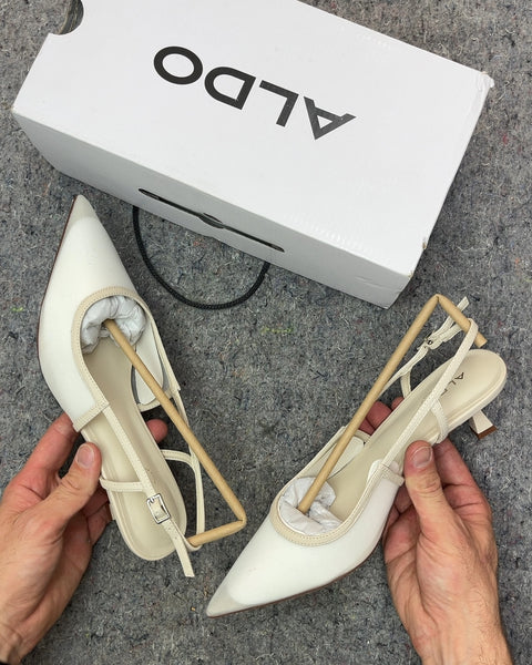 Brand New ALDO White Pointed Toe Maxina Slingback Heels, Size US 8.5W or EU 39