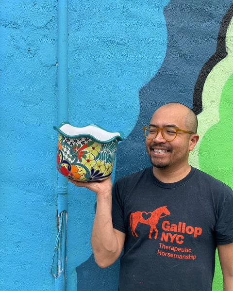 Very Pretty Mexican Floral Ceramic Planter, W10"