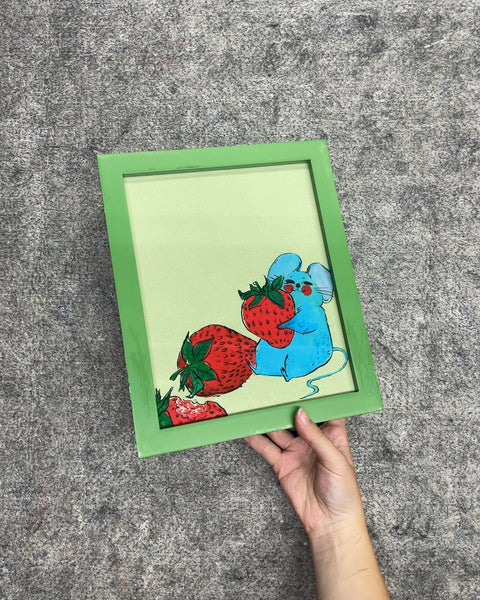 Framed Strawberry Mouse Illustration Wall Art