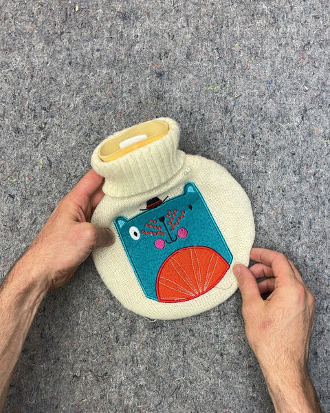 Knitted Hot Water Bottle with Cat Design