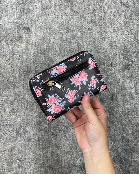 Black Floral Zipped Wallet
