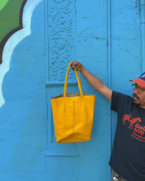 Vera Pelle Mustard Yellow Pebbled Leather Tote Bag