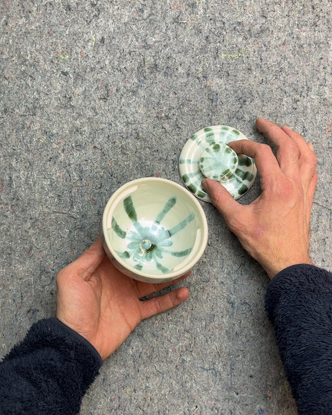 Ceramic Lidded Bowl with Green Swirl Design