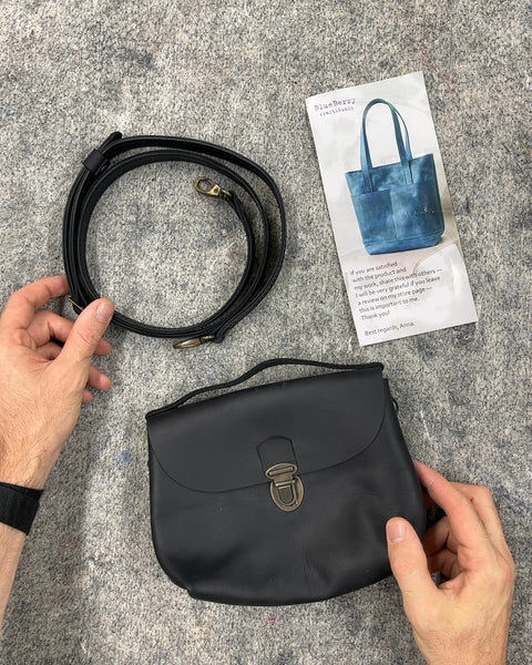 Blueberry Handmade Black Leather Crossbody Bag
