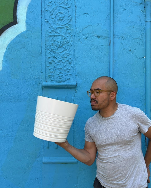White Ribbed Ceramic Planter, W11"