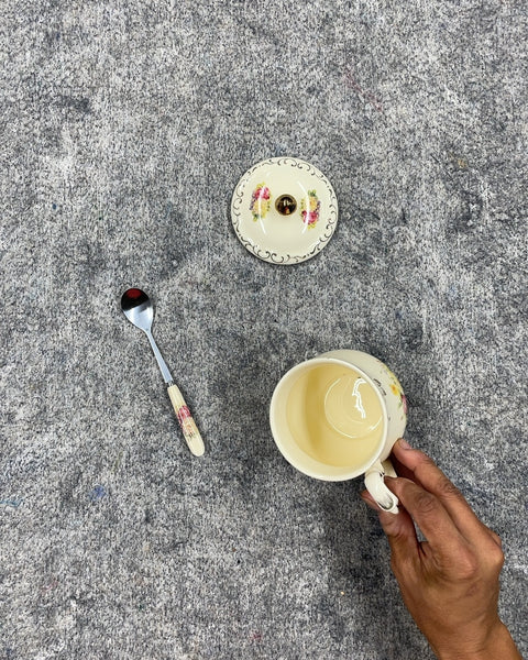 Floral Ceramic Sugar Bowl with Lid and Spoon