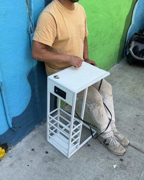 White C Shaped Side Table with Outlets, W16xD10xH26"