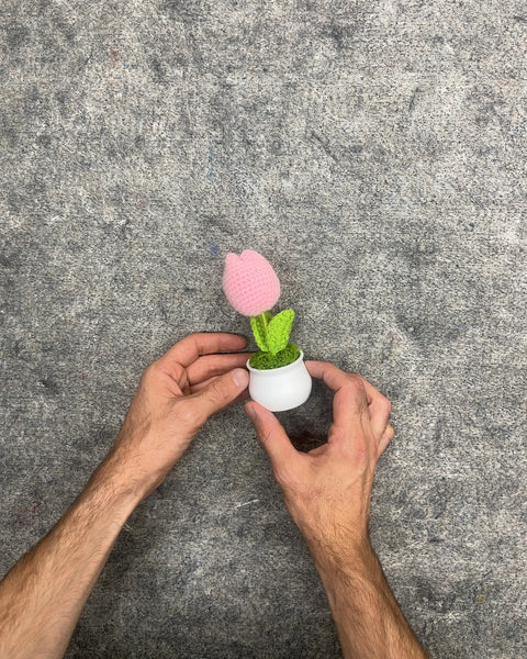 Crochet Pink Tulip Desk Decor in Miniature Pot