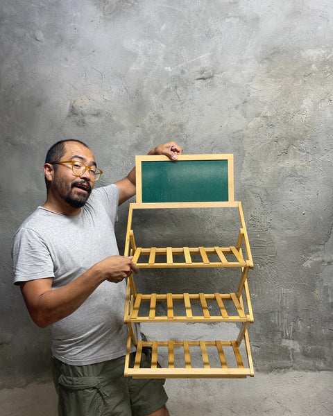 Foldable Wooden Three-Tier Display Shelf with Chalkboard Top, W16xD13"