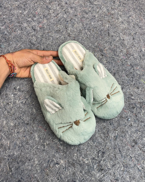 Hello Home Green Cat Slippers, Sz S/M