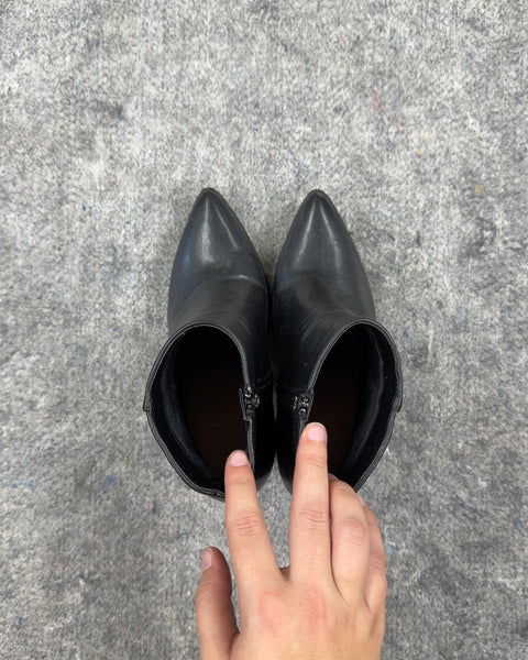 Black Pointed Toe Block Heel Ankle Boots, Sz US 7.5W EU 37.5