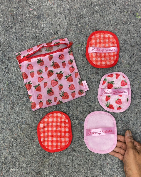 Makeup Eraser Strawberry Print Reusable Makeup Remover Pads with Bag