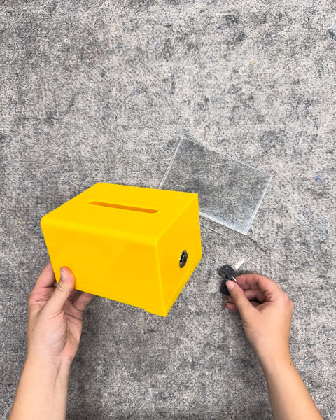 Yellow Acrylic Donation or Suggestion Box with Lock and Sign Holder