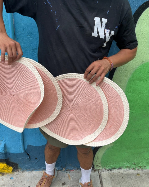4 Pink Round Woven Placemats, 15"