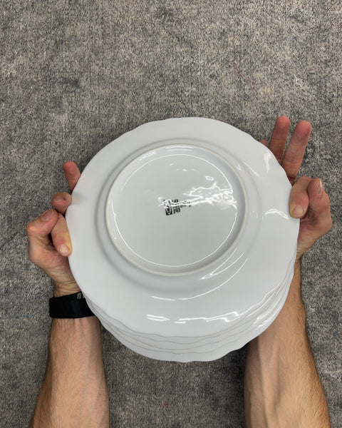 Five IKEA Arv Scalloped White Ceramic Plates