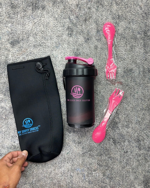 My Savvy Snacks One Clever Snack Solution Shaker Bottle with Sleeve and Sporks