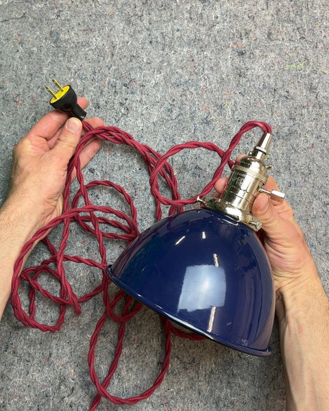 Very Pretty Blue Metal Hanging Lamp with Red Cord