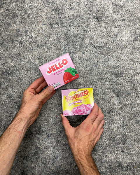 Jell-O and Starburst Strawberry Gelatin Dessert Mix Boxes