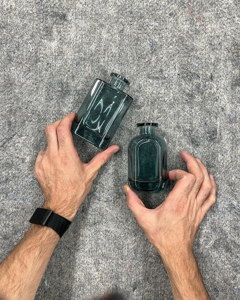 Two Dark Green Glass Diffuser Bottles