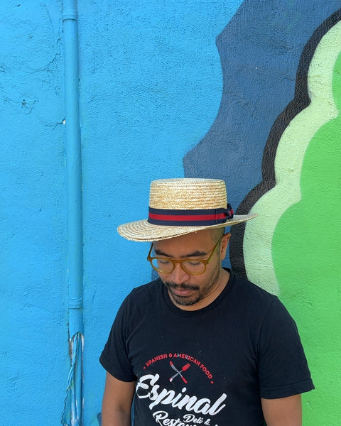 Straw Boater Hat with Striped Band