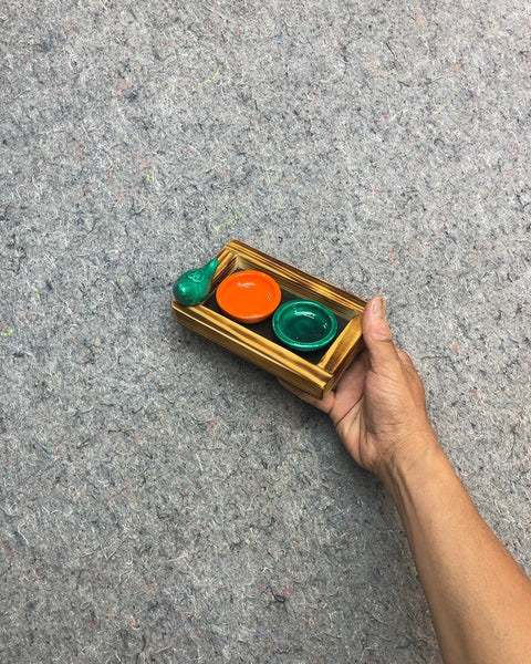 Wooden Tray with Two Small Bowls and Green Bird Accent For Condiments