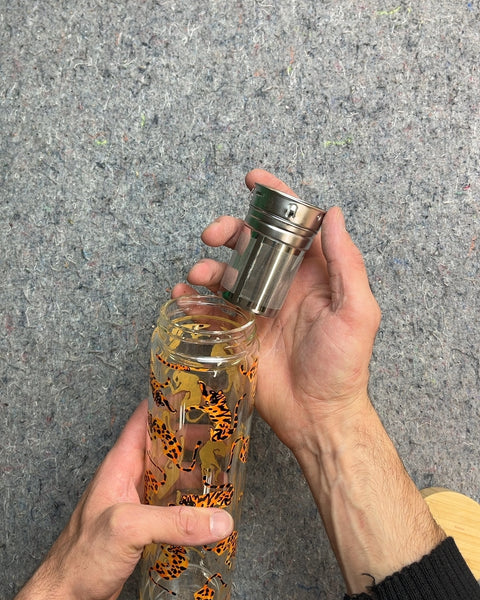 Glass Water Bottle with Leopard Print and Tea Infuser