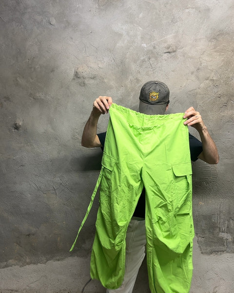 Vibrant Neon Lime Green Utility Parachute Cargo Pants, Size L