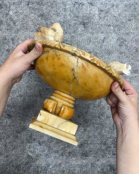 Carved Alabaster Pedestal Bird Bath Compote Bowl with Doves, 9 x 6 in