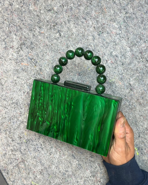 Green Marbled Acrylic Beaded Handle Clutch Bag
