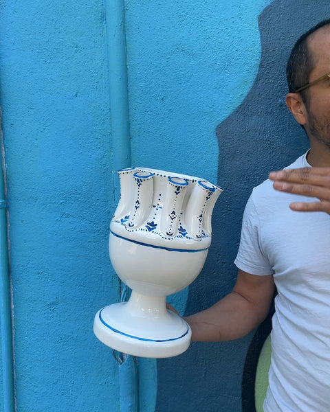White and Blue Ceramic Tulipiere Vase