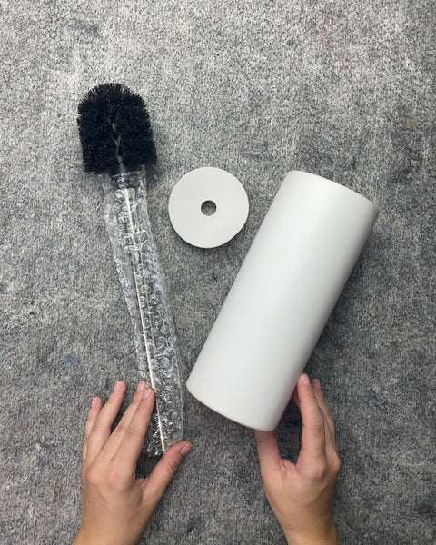 New-In-Box White Toilet Brush and Holder Set (We Un-Sealed The Box Ourselves To Take These Photos)
