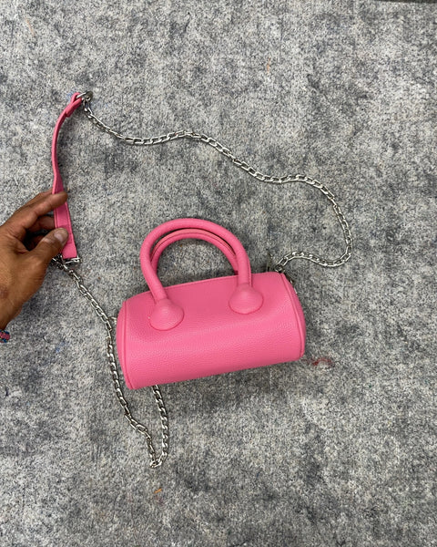Pink Mini Barrel Crossbody Bag with Chain Strap