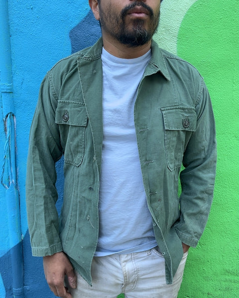 Vintage Green Military Shirt Jacket Missing Buttons, Size S