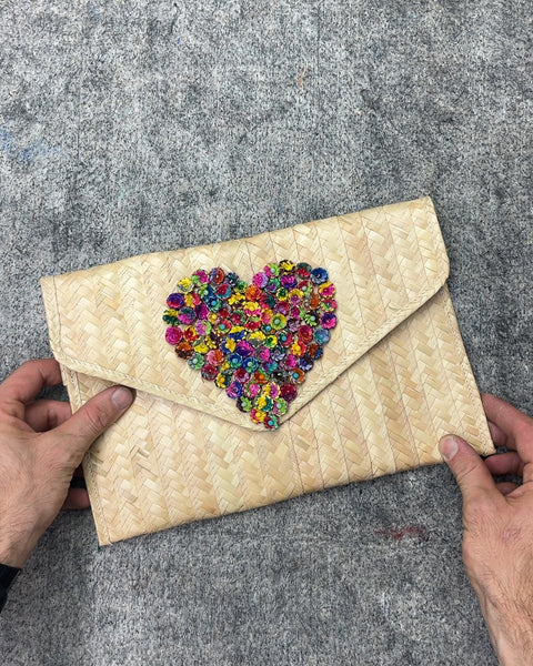 Woven Straw Clutch with Beaded Heart