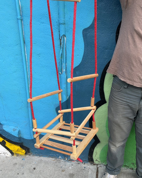 Wooden Baby Swing with Red Rope