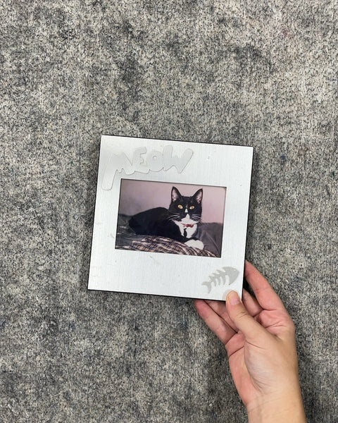 Silver Cat Photo Frame with Meow and Fishbone Detail, 4.5 x 3 in
