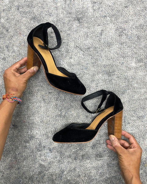 Soludos Black Velvet Ankle Strap Block Heel Pumps, Size 7
