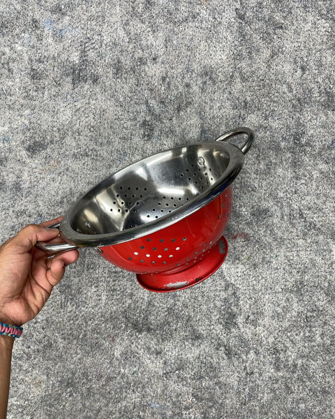 Red and Stainless Steel Footed Colander with Handles