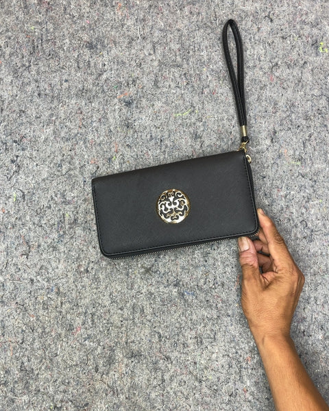 Black Wristlet Wallet with Gold Medallion