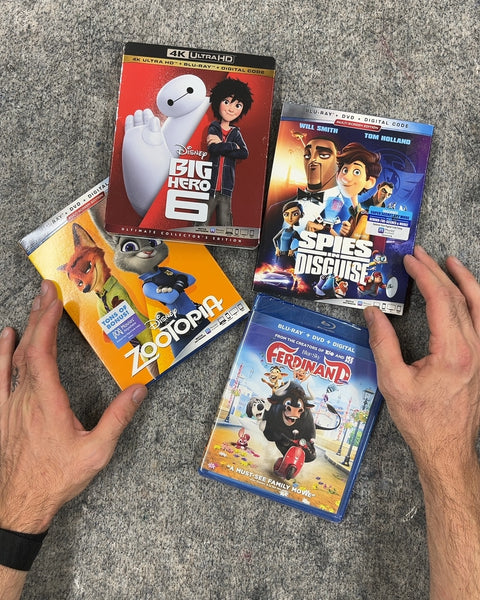 Big Hero 6, Zootopia, Spies in Disguise, and Ferdinand Blu-Ray DVDs