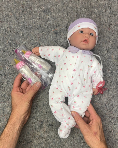 Baby Doll with Pink Floral Outfit and Bottles