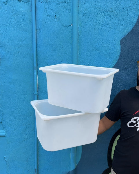 Two White Plastic Storage Bins, W12xL16xD9"