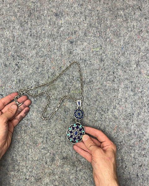 Silver Tone Chain Necklace with Blue and Teal Stone Pendant