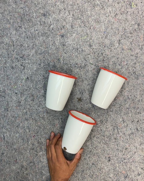 Enamelware Cups with Red Rim